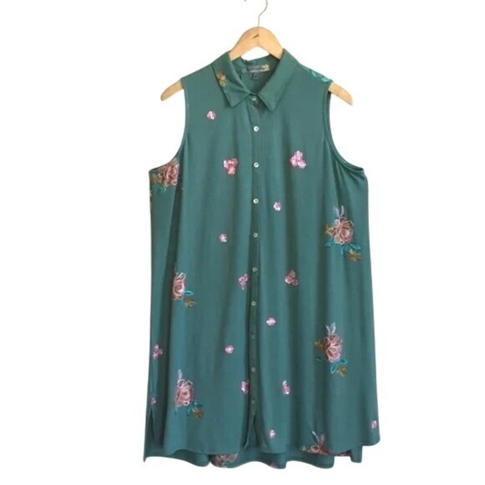 FIGUEROA & FLOWER Women's Large Green Floral Embroidered Sleeveless Midi Dress